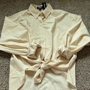 Express Light Tan Casual Button-Down Shirt Boyfriend style